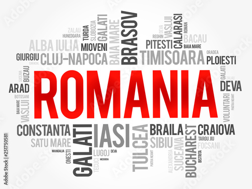 List of cities in Romania word cloud collage, business and travel concept background