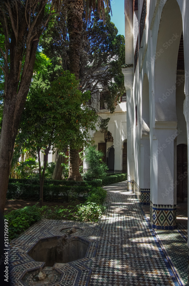 Inner yard of Dar Jamai Museum in El Hedim square in Meknes, Morocco.