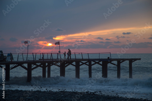 over Terrace dock or pier. Dock sea and cloudy sky background  sunset. The city embankment