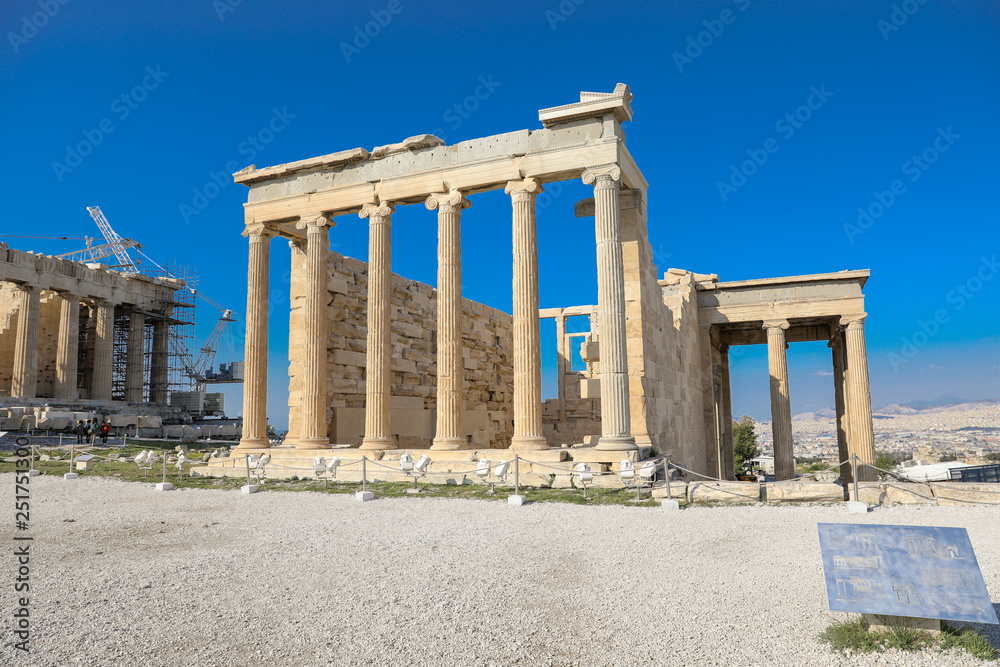 Athens, Greece - March 14, 2017: The Old Temple of Athena on the Acropolis of Athens, Greece.