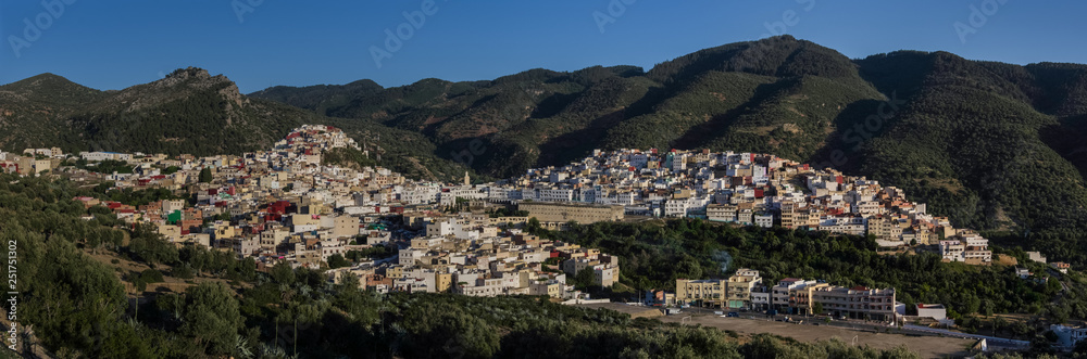 Panorama view over the holy city of Moulay Idriss Zerhoun including the tomb and Zawiya of Moulay Idriss, Middle Atlas, Morocco, North Africa