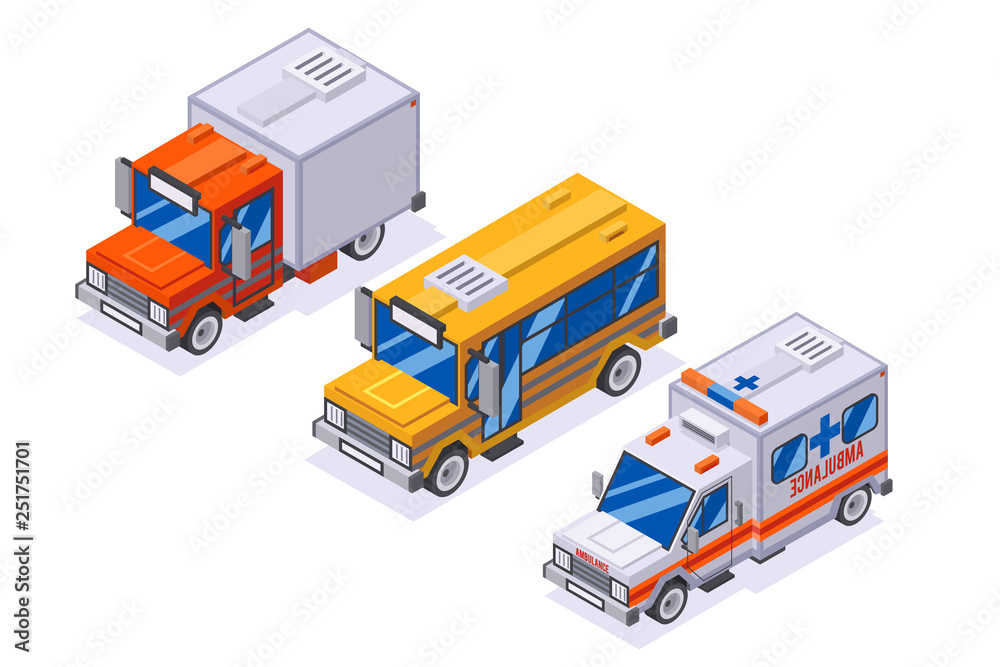 Isometric automobile van transportation school buss ambulance delivery truck 3d retro lowpoly cars isolated on white icons set flat design vector illustration Isometric automobile van transportation school buss ambulance delivery truck 3d retro lowpoly cars isolated on white icons set flat design vector illustration