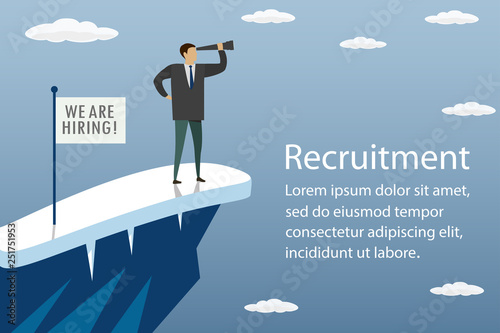 Businessman on top of a mountain looks into a telescope and hires