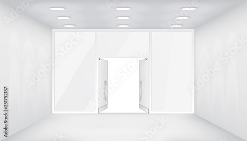 Open doors store interior 3d shop empty space light realistic windows space template mockup background vector illustration