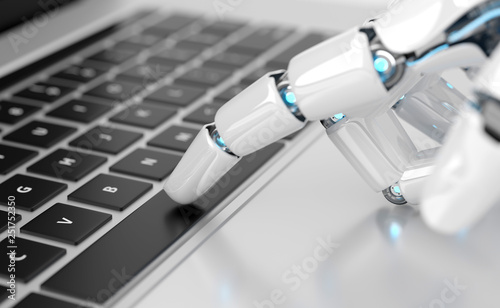 White robot cyborg hand pressing a keyboard on a laptop 3D rendering
