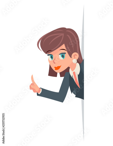 Advice solution look out corner businesswoman cute female consultation manager creative business help idea finger up woman character cartoon design isolated on white vector illustration