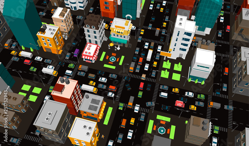 Vector city. Town district. Street Intersection road traffic. Colorful very high detail illustration. Cars end buildings top view.