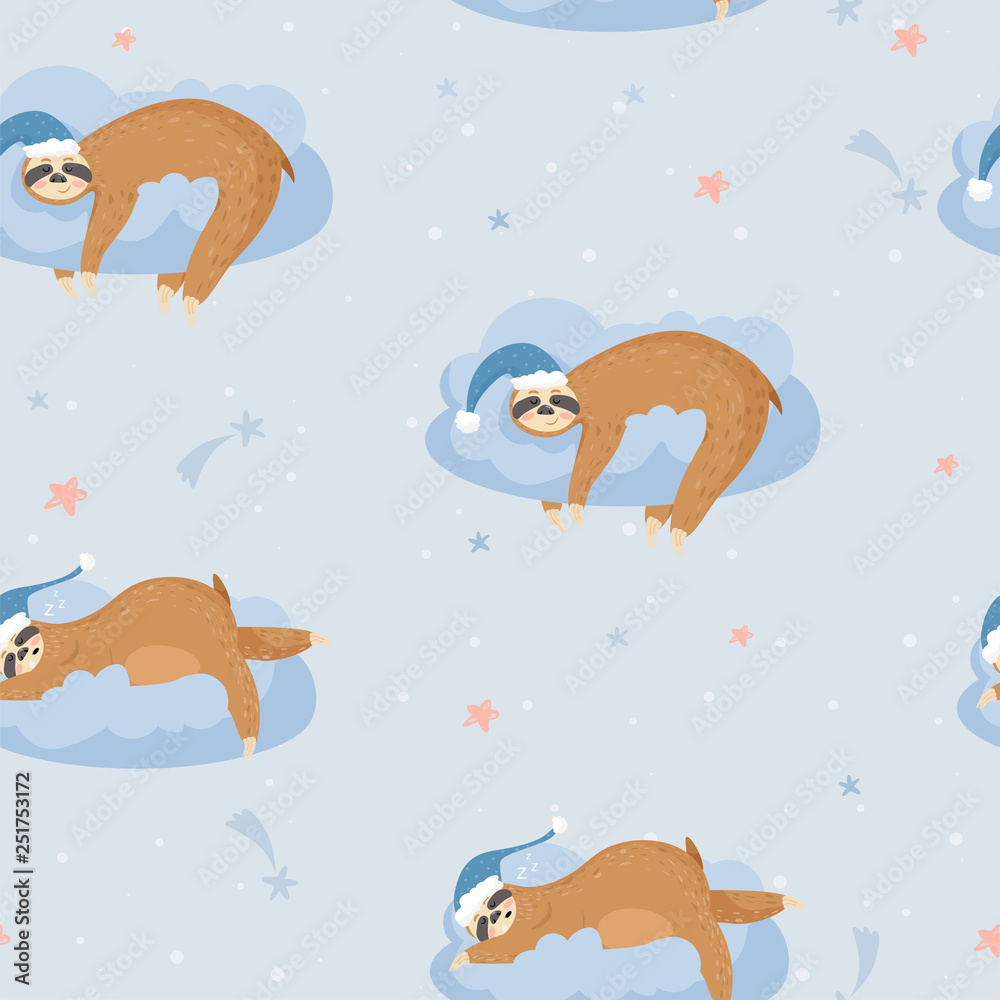 Seamless pattern with cute lazy sloths. Animals sleeping on a cloud. Vector background for textile, postcard, wrapping paper, cover, t-shirt.