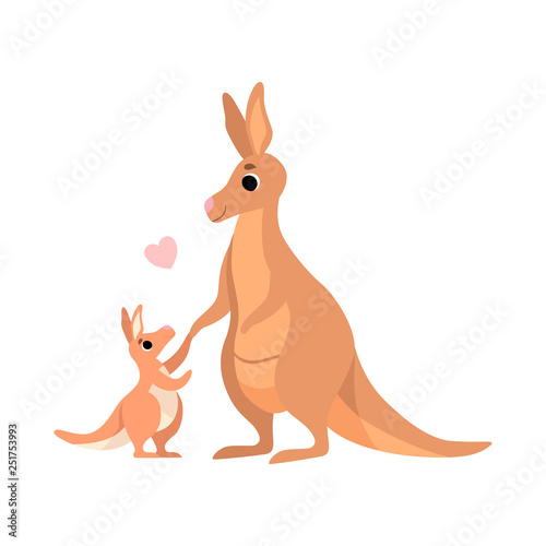 Mother Kangaroo with Its Baby  Cute Animal Family Vector Illustration