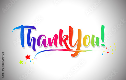 ThankYou! Handwritten Word Text with Rainbow Colors and Vibrant Swoosh. photo