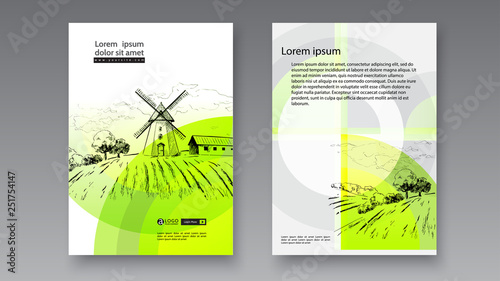 Rural dutch landscape with windmill and wheat field. Set of traditional windmill. Bakery shop, organic agricultural production, ecological food. Vector hand drawn vintage engraved sketch. - Vector