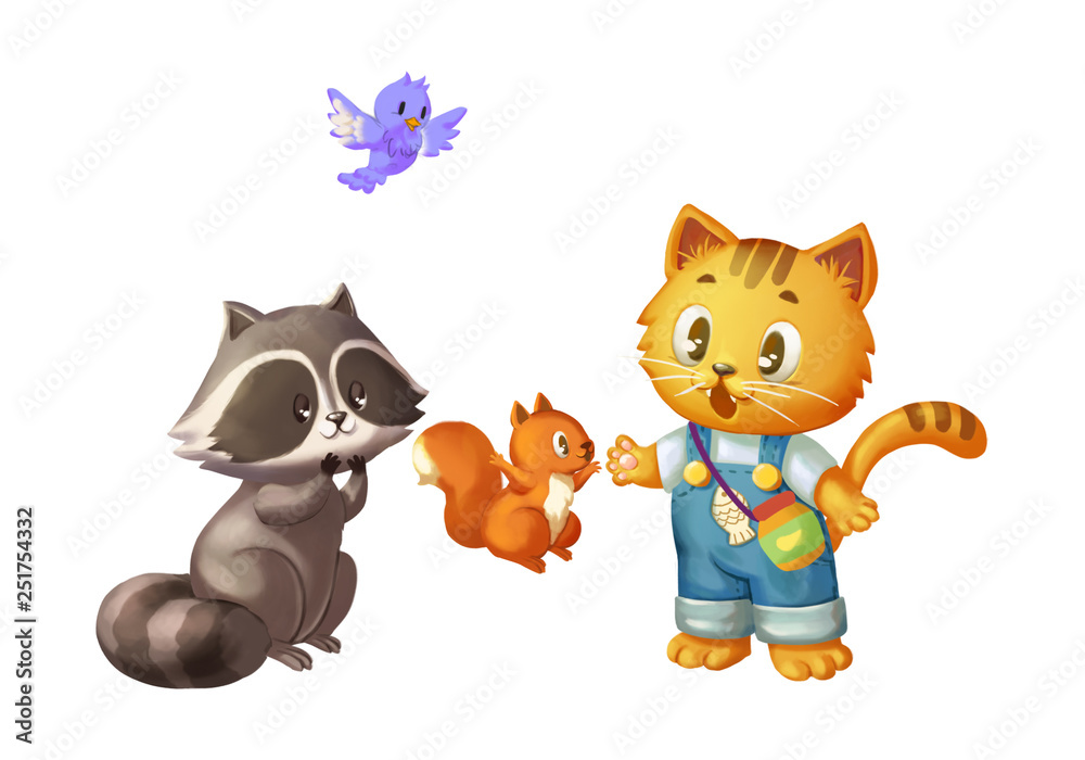 Cat and his Friends, Bird, Squirrel and Raccoon. Animals Character Design.  Children Book Design. Concept Art. Realistic Illustration. Video Game  Digital CG Artwork. Stock Illustration | Adobe Stock