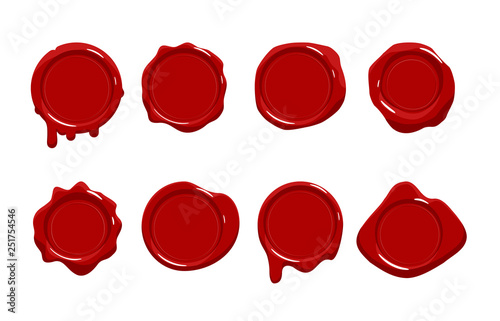 Postage red wax seal scroll stamp empty sign diploma certificate isolated on white mockup icons set flat design vector illustration