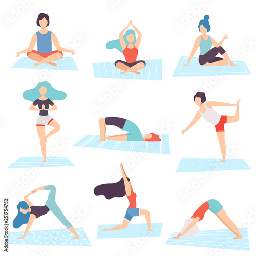 People in Yoga Positions Set, Men and Women Practicing Asana and Performing Yoga Exercises Vector Illustration