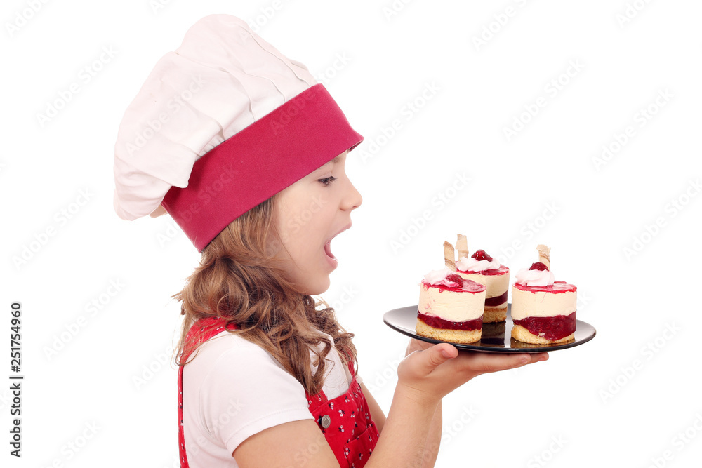 happy little girl cook with raspberry cake dessert happy little girl cook with raspberry cake dessert
