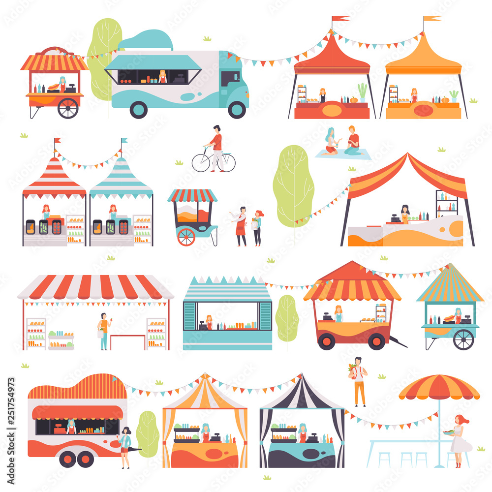 Street Food Set, Sellers Selling Food at Kiosk, Booth, Food Truck and Cart Vector Illustration Street Food Set, Sellers Selling Food at Kiosk, Booth, Food Truck and Cart Vector Illustration