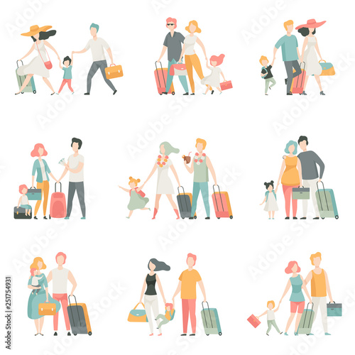 Family travel Set, Father, Mother and Kids Characters Travelling Together, Happy family Vector Illustration