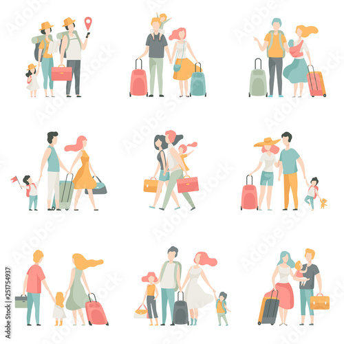 Family travel Set, Father, Mother and Kids Characters Travelling Together Vector Illustration