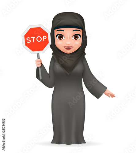 Protest fight for equal rights stop sign arabe tradicional cute female clothing hijab abaya 3d cartoon character design vector illustration