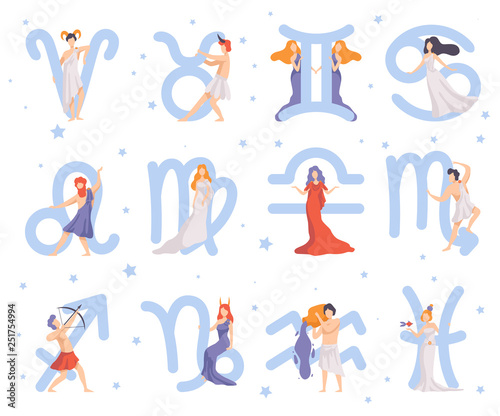 Zodiac Signs Set, Twelve Beautiful Women with Astrological Signs Vector Illustration