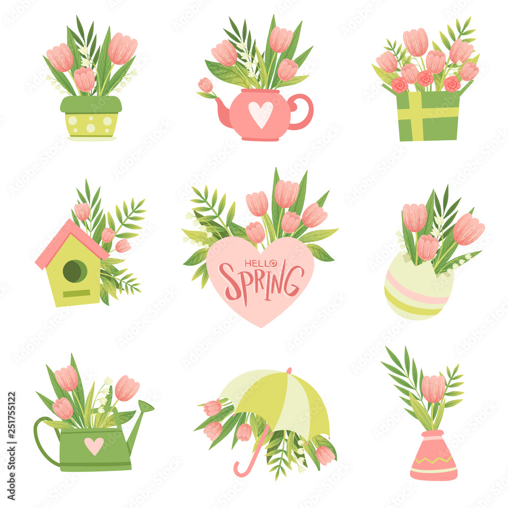 Plakat Collection of Bouquets of Pink Flowers, Hello Spring Floral Design Template Vector Illustration