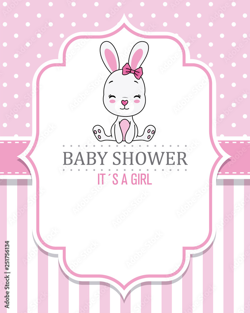 Baby girl shower card. Cute rabbit 