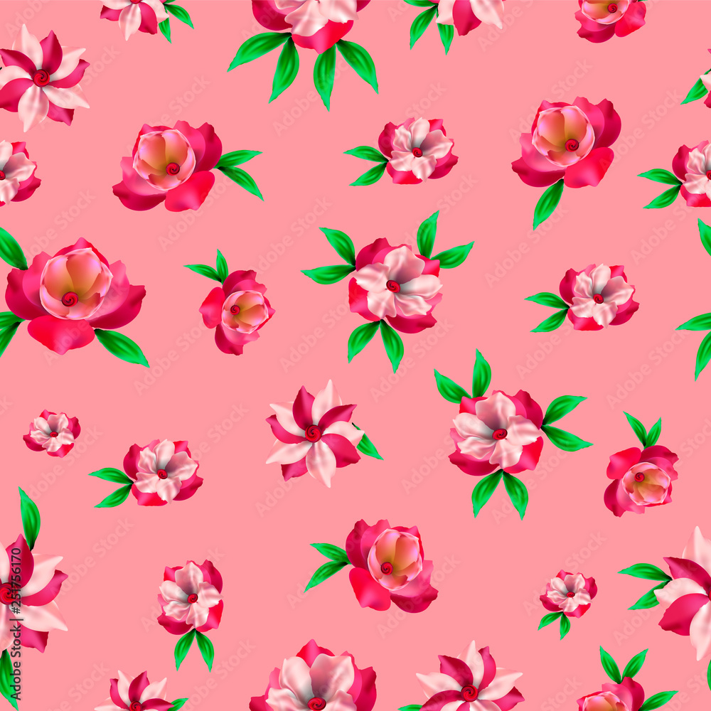 Beautiful floral seamless pattern on pink background. Packaging material or textile.