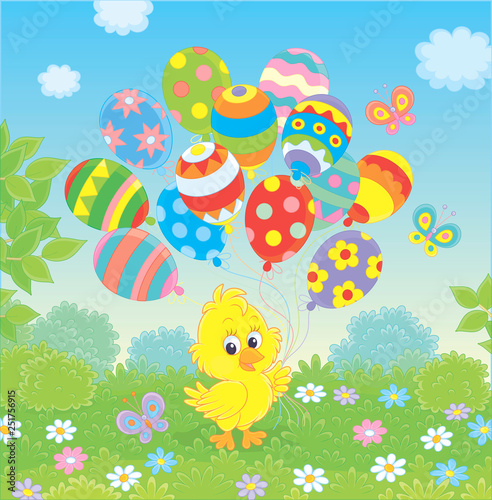 Easter Chick with colorful balloons on a green lawn among flowers on a sunny spring day, vector illustration in a cartoon style
