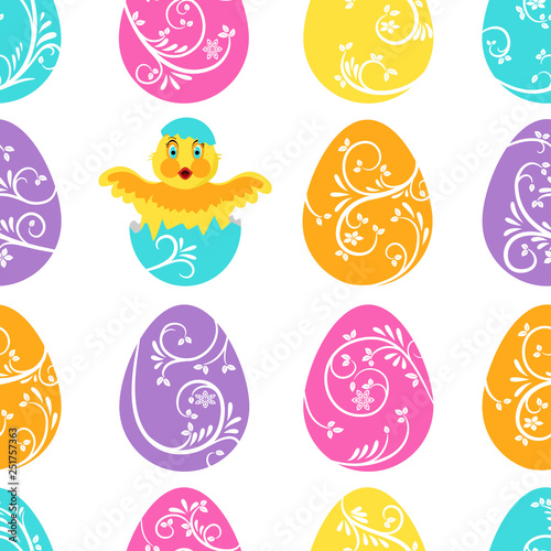 Seamless pattern. Multicolor eggs on white background. Broken egg and little chicken. Bright design for Easter holiday, wrapping paper, cards, eco products.