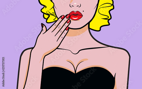 Pop-art vector illustration. Girl touched her hand to her lips. Picture of a sexy girl with red lips and a deep neckline