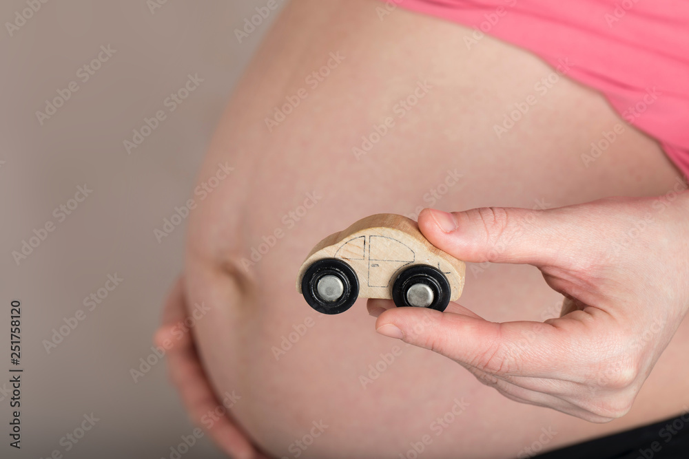 Fototapeta premium Young pregnant woman keeps small wooden vehicle.