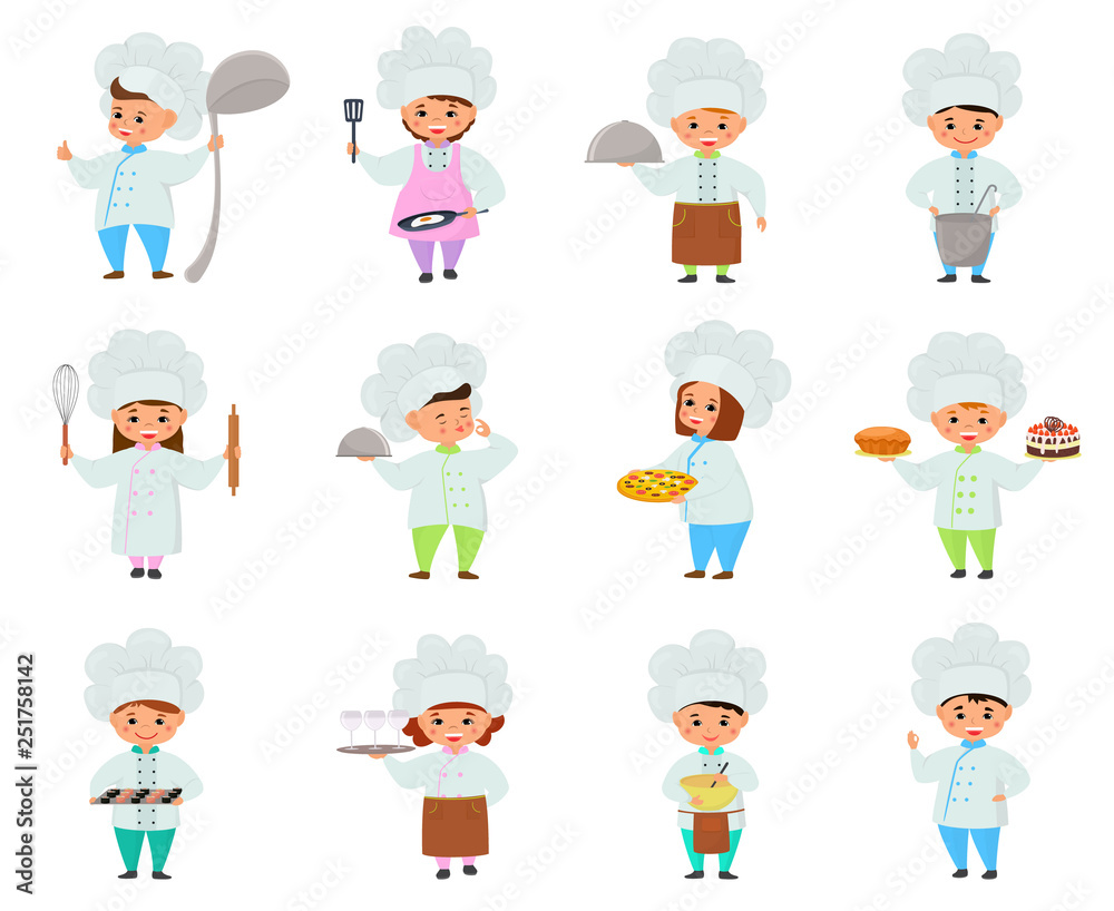 Cooking child vector children characters boy girl chef cooking food and baking cookies childish illustration kitchener set of kids preparing pastry in kitchen isolated on white background