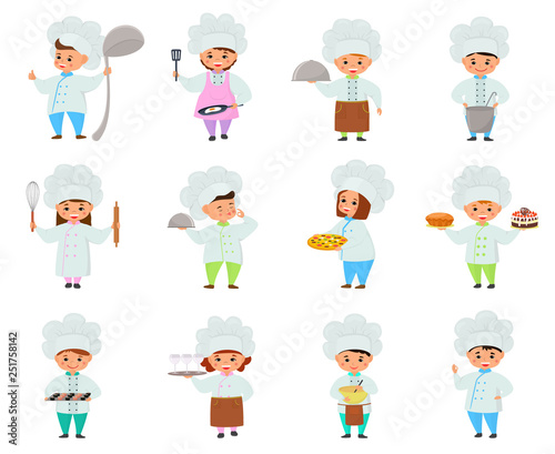 Cooking child vector children characters boy girl chef cooking food and baking cookies childish illustration kitchener set of kids preparing pastry in kitchen isolated on white background