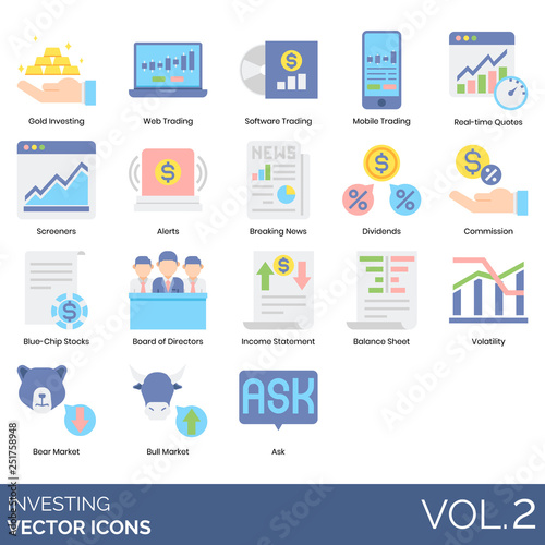 Investing icons including gold, web trading, software, mobile, real-time quotes, screeners, alerts, breaking news, dividends, commission, blue-chip, board of directors, income statement.