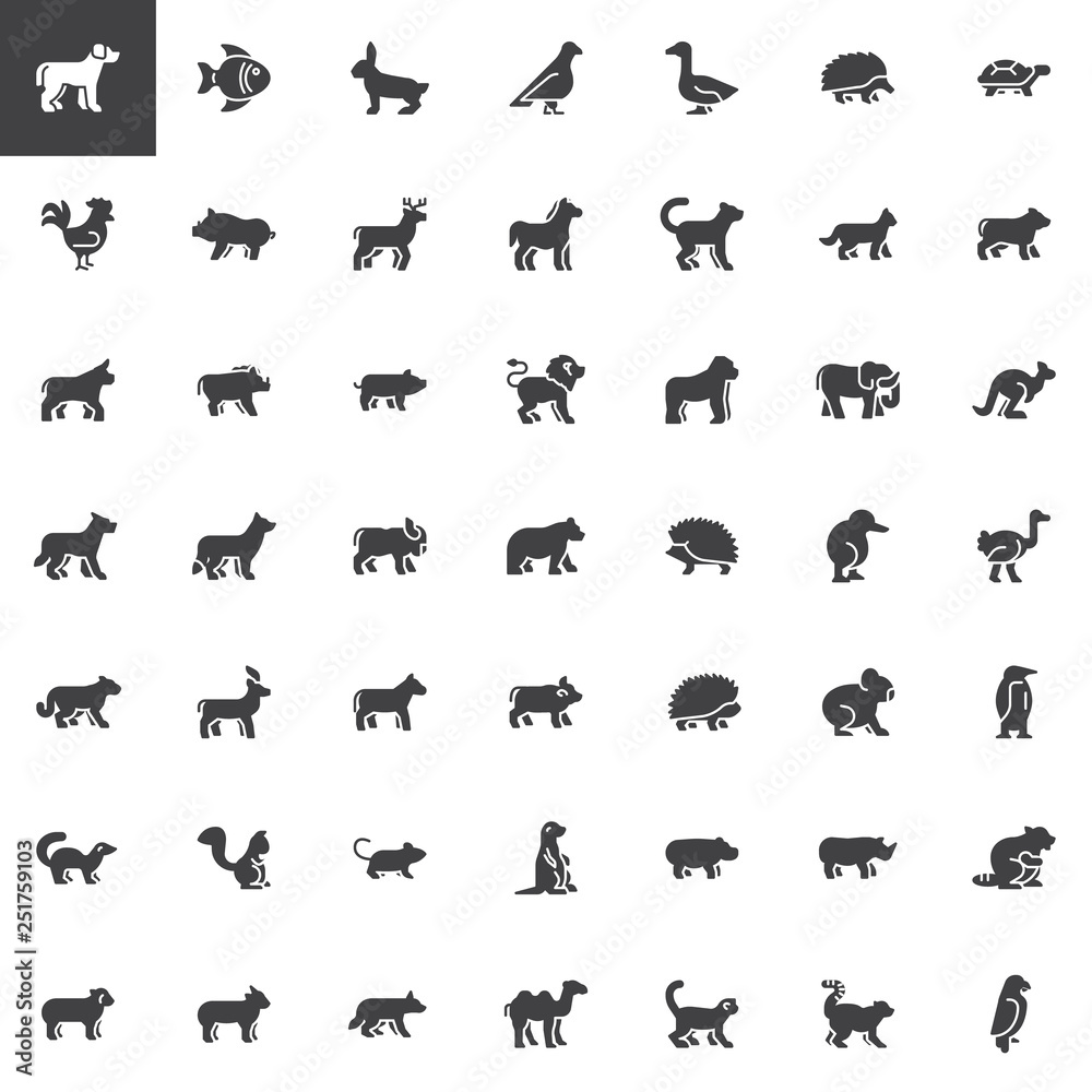 Animals side view vector icons set, modern solid symbol collection, filled style pictogram pack. Signs, logo illustration. Set includes icons as animal, fox, zoo, wild, bear, elephant, forest, monkey Animals side view vector icons set, modern solid symbol collection, filled style pictogram pack. Signs, logo illustration. Set includes icons as animal, fox, zoo, wild, bear, elephant, forest, monkey