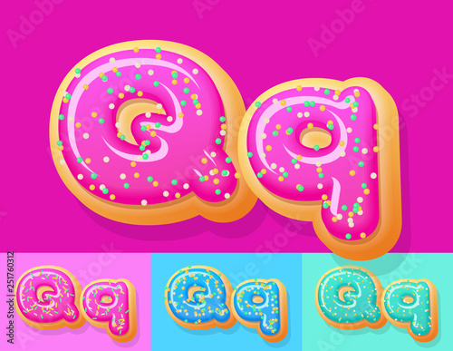 Vector tasty Donut Alphabet set. Font with different Colors option. Letter Q