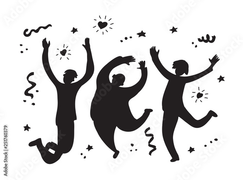 Happy jumping group people silhouette black and white