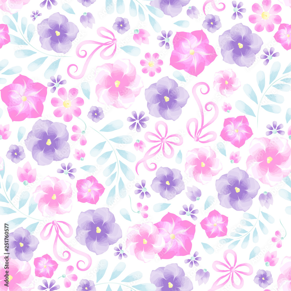Watercolor flower trendy pattern. Summer floral  with violets and  ribbon. For Template greeting card, wedding invitation banner with spring flowers.