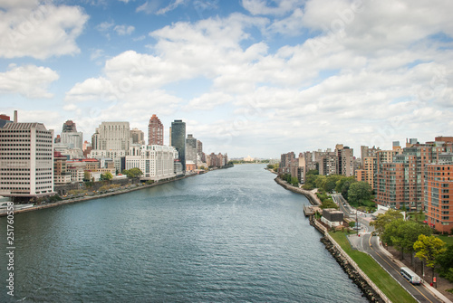 Aerial view on East river and Roosevelt island from Roosevelt Island Tramway © vadiml