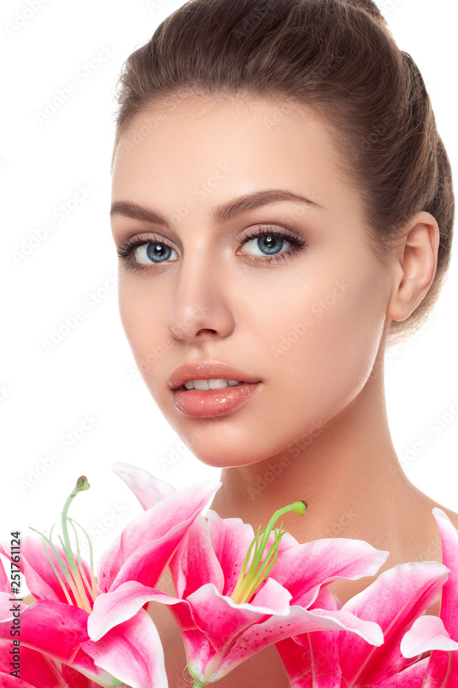 Close up view of young beautiful woman face
