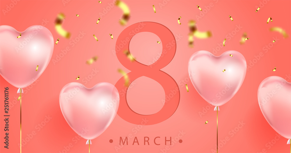 coral color background, beautiful realistic 3D balloons in the shape of a heart and confetti, a voucher, advertising discounts, a website banner for women's day. 8 march illustration