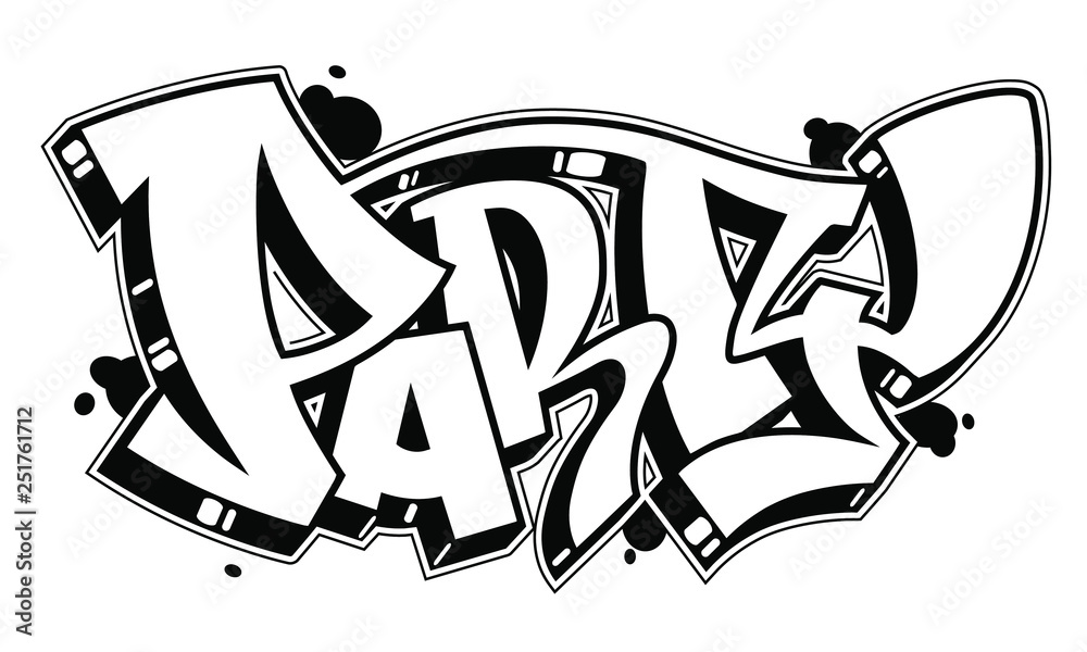 Party vector word in readable graffiti style. Only black line isolated on white background. - obrazy, fototapety, plakaty 