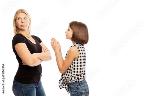 Mom screaming at teen daughter, isolated on white background