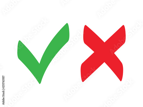 Tick and cross signs. Green checkmark OK and red X icons, Simple marks graphic design. Symbols YES and NO button for vote, Check box list icons. Check marks vector.