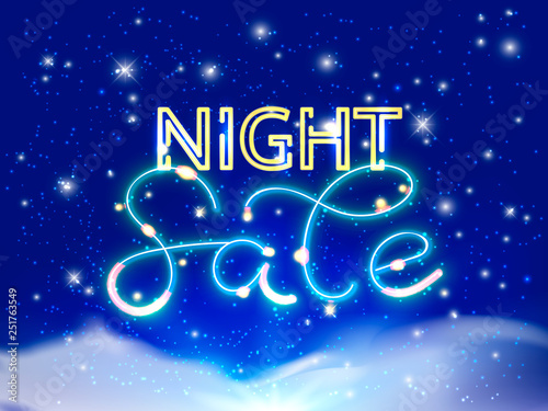 Night sale neon lettering. Evening sky. Vector illustration.