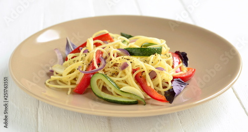 Pasta / spaghetti / with zucchini, sweet pepper and spices