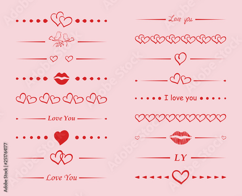 red vector dividers with hearts and lips for romantic cards