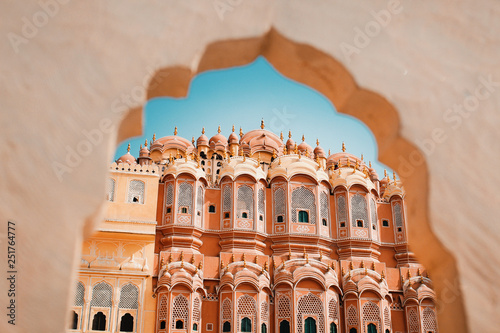 Inside of the Hawa Mahal or The palace of winds at Jaipur India. It is constructed of red and pink sandston photo