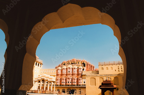 Inside of the Hawa Mahal or The palace of winds at Jaipur India. It is constructed of red and pink sandston photo