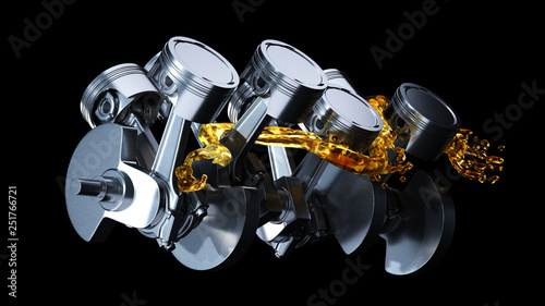 3d illustration of engine. Motor parts as crankshaft, pistons with motor oil splash